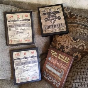 4 wall plaques sports 91/2”x71/2” pictures new football. Tools ,boys Kids Room